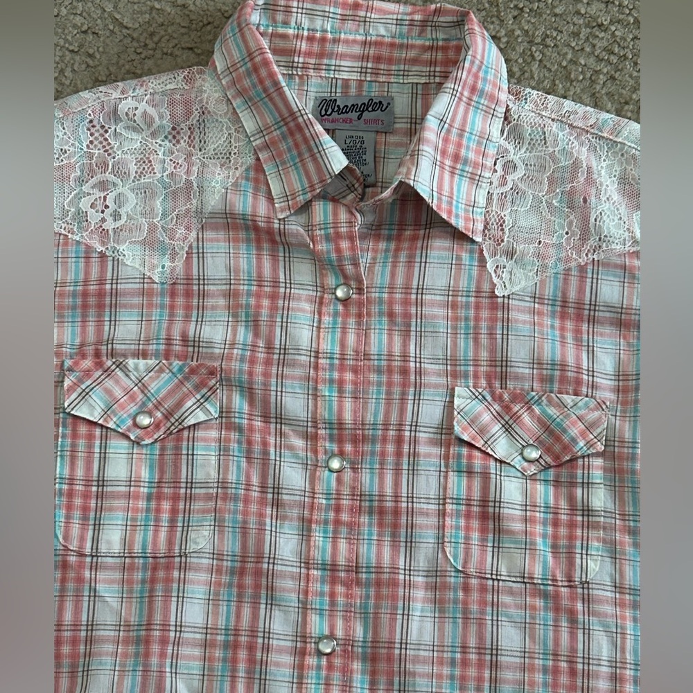 Wrangler Women’s Rancher Shirt Pink Plaid Lace Accents Pearl Snap Large - Picture 6 of 6